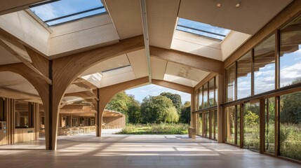 Spacious wooden hall with large windows overlooking a tranquil garden.