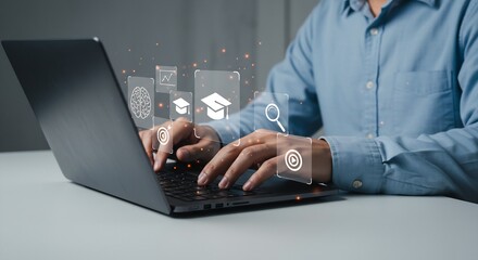 Businessman Using Laptop with Educational Icons, Concept of Online Learning, Education, E-learning, Studying, Digital Education, Knowledge and Skill Development