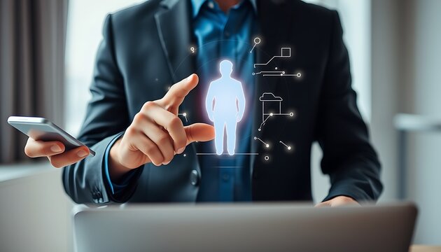 Person interacting with digital human profile and data network businessman human resources