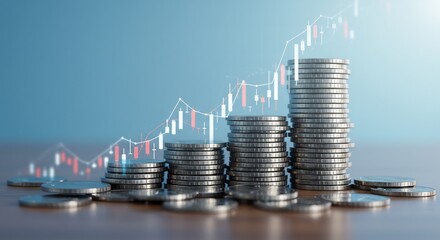 Financial Growth and Investment Concept: Stacked Coins with Rising Stock Market Graph Depicting Economic Success on a Wooden Surface and Blue Background