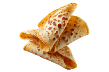 Yemeni malawah flaky buttery bread baked round flatbreads with toasted spots stacked in pile, isolated on white transparent background, concept of traditional bakery