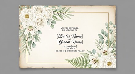 Elegant wedding invitation with white roses, lilies, eucalyptus, and a golden frame