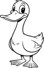Cartoon duck standing upright with cheerful expression, black and white line art for children’s coloring, education or animation character themes