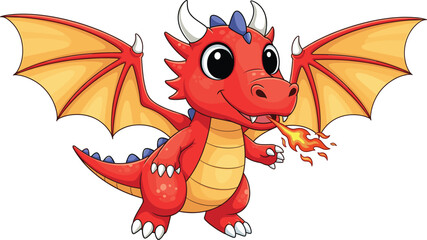 Cartoon red dragon breathing fire with blue spikes, yellow wings, and friendly face, fantasy vector illustration for kids and games