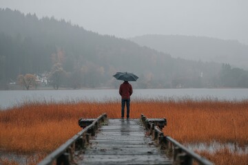 Gloomy figure in a sports coat sheltered by an umbrella on a wooden pier set against a gray rainy autumn landscape with a lake dry grass and trees