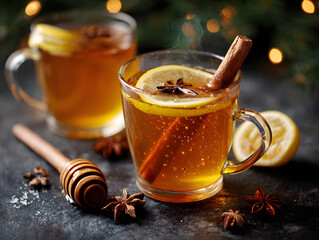 Warm and inviting hot toddy with cinnamon stick, star anise, and fresh lemon slices, garnished with honey dipper, perfect for cold weather comfort