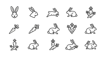 Line Art: Minimalist Collection of Rabbits and Carrots for Springtime or Easter Designs
