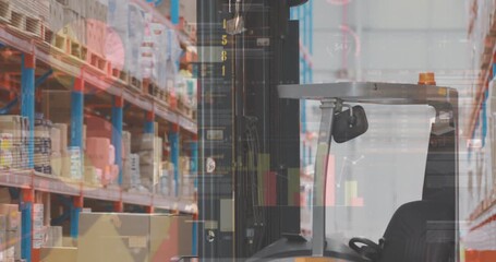 Statistical data processing against forklift machine carrying stack of delivery boxes at warehouse - Powered by Adobe