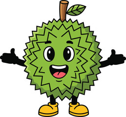 Cartoon durian fruit character with shoes, smiling face, expressive eyes, tropical mascot vector for kids, food, and education