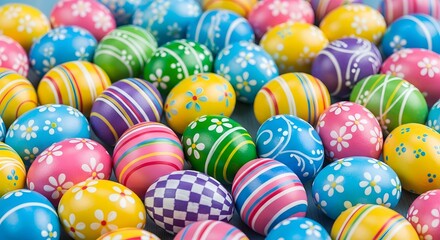 Obraz premium A vibrant and colorful collection of intricately decorated easter eggs, showcasing a variety of patterns and hues, perfect for spring celebrations