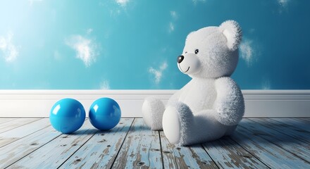 A fluffy white teddy bear sits on a rustic wooden floor next to two shiny blue balls, with a bright blue sky and clouds in the background