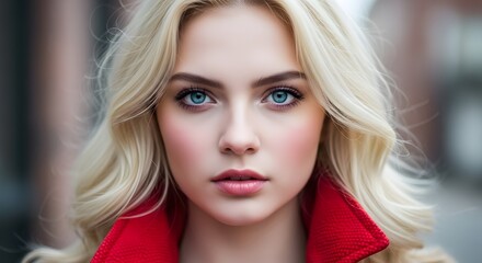 Naklejka premium Closeup portrait of a beautiful young blonde woman with striking blue eyes and fair skin, wearing a red collar, looking directly at the camera with a soft expression