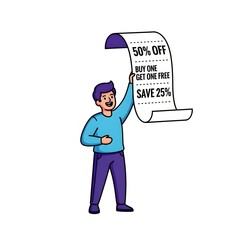 Happy man holding a long discount coupon with various promotional offers