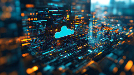 Abstract Digital Cloud Computing Network: Glowing Blue Cloud Icon on Circuit Board