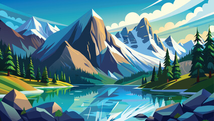 Mountain landscape with a serene lake reflecting the surrounding peaks under a clear summer sky © Rana Islam