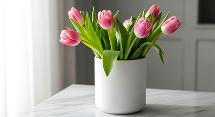 Minimalist White Vase with Pink Tulips