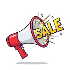 Cartoon megaphone announcing a big sale with yellow text and sparkles. Vector illustration for promotion, discount, and marketing