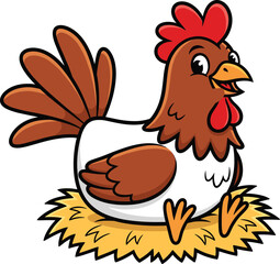 Cartoon hen sitting on straw nest vector illustration for children’s farm education, poultry themes, egg-laying content, and animal design