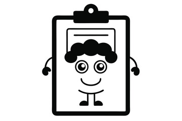 Happy Clipboard Character Icon with Curly Hair on White Background