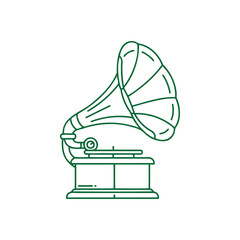 Vintage Gramophone Icon with Green Outline on White Background.