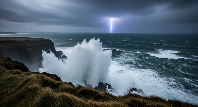 Stormy Seaside Cliff Landscape with Dramatic Waves and Lightning Strike