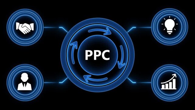 Animated ppc advertising process flowchart with glowing blue neon icons