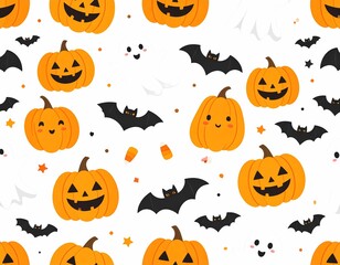 Cute Halloween seamless pattern with pumpkins, ghosts and bats
