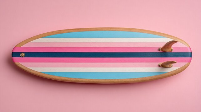 Pastel pink, blue, and white striped surfboard on pink background. Top view.