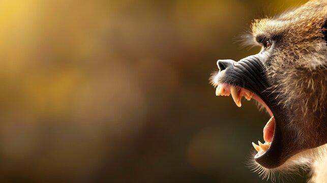 Close up of a baboon roaring with mouth open showing teeth