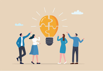 Idea brainstorming, cooperation or collaboration to get solution, teamwork or team meeting to develop idea together, employee participation concept, business people connect lightbulb jigsaw puzzle