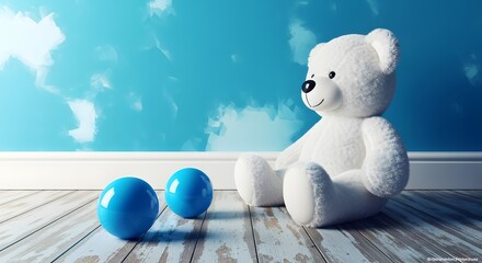 A fluffy white teddy bear sits on a wooden floor next to two blue balls, with a bright blue sky and clouds background