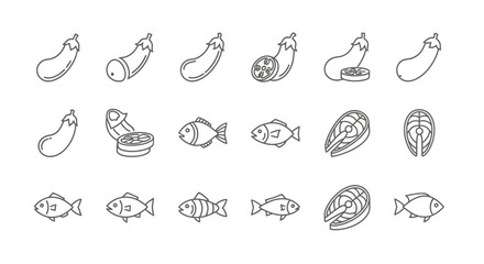 Graphic outline icons featuring eggplant and fish, a fresh and healthy food illustration