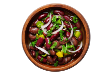 Egypt Ful medames fava bean stew with garlic, oil, lemon and cilantro in wooden bowl, top view, isolated on white transparent background, concept of Arabic healthy vegan food