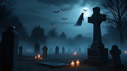 Haunted graveyard with glowing candles foggy tombstones ghostly figure and flying bats on Halloween - Powered by Adobe