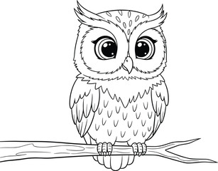 Cartoon owl line drawing perched on branch, expressive eyes and feather details, black and white vector for coloring and education
