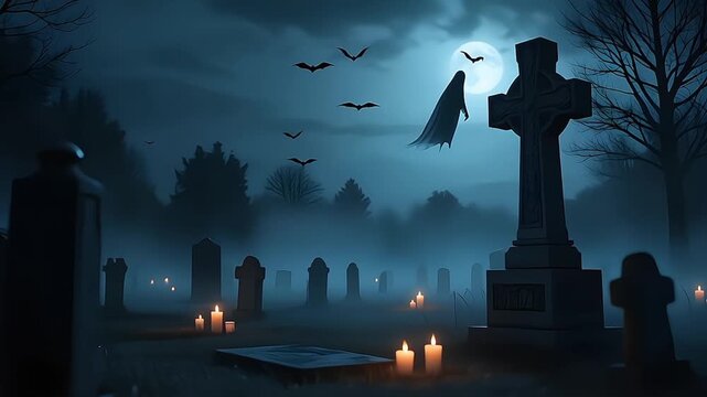Haunted graveyard with glowing candles foggy tombstones ghostly figure and flying bats on Halloween