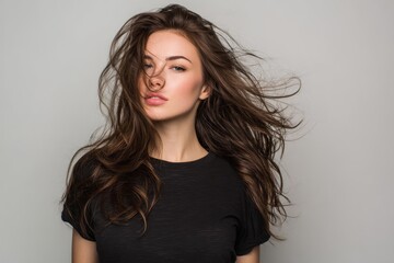 Naklejka premium Beauty and hairstyling concept featuring a young brunette with flowing hair in a dark t shirt