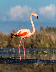 Fototapeta premium A vibrant flamingo stands in a shallow marsh, showcasing its striking pink plumage against a backdrop of a clear blue sky.