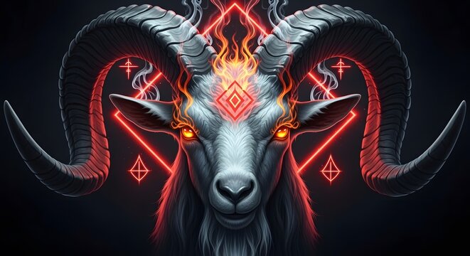 Mystical goat head with glowing eyes and occult symbols, symbolizing dark magic and esoteric power, against a black background - Powered by Adobe