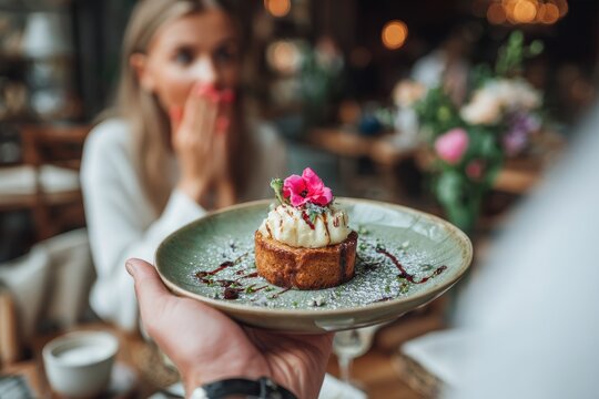 Trimmed picture of a waiter presenting dessert with a flower to a shocked woman in a cafe