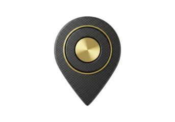 Isolated Location pointer or destination pin with black carbon pattern texture and golden trim