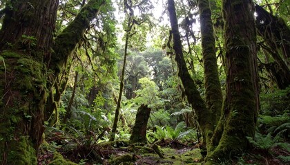 Obraz premium Lush, mossy forest canopy. Sunlight filters through dense trees
