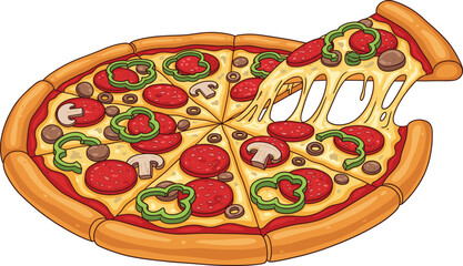 Cartoon pizza vector with melted cheese slice, pepperoni, mushrooms, sausage, and bell peppers—tasty food illustration for menus and education.