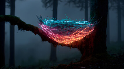 Illuminated nest in misty forest