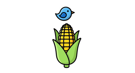 Cartoon illustration displaying an ear of corn with a stylized blue bird hovering above it against