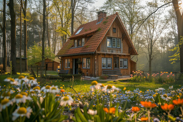 Rustic wooden countryside house surrounded by wildflowers, green meadow, sunlight through trees, peaceful and natural scenery.