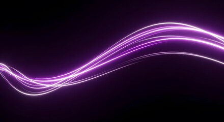 Abstract flowing purple neon light trails with glowing particles on a dark background, futuristic digital wave