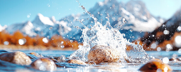 Water Splashing on Rocks with Snowy Mountain Background