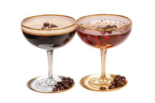 Espresso Martini cocktail with coffee bean garnish transparent PNG set bundle, isolated background. Mixology, bar menu cocktails in coupe saucer and martini glass, colorful refreshing drink
