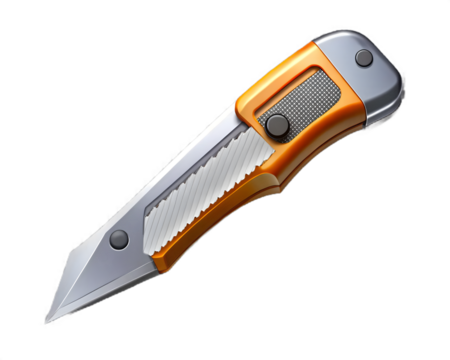 Orange and silver utility knife with sharp blade isolated on transparent background for cutting